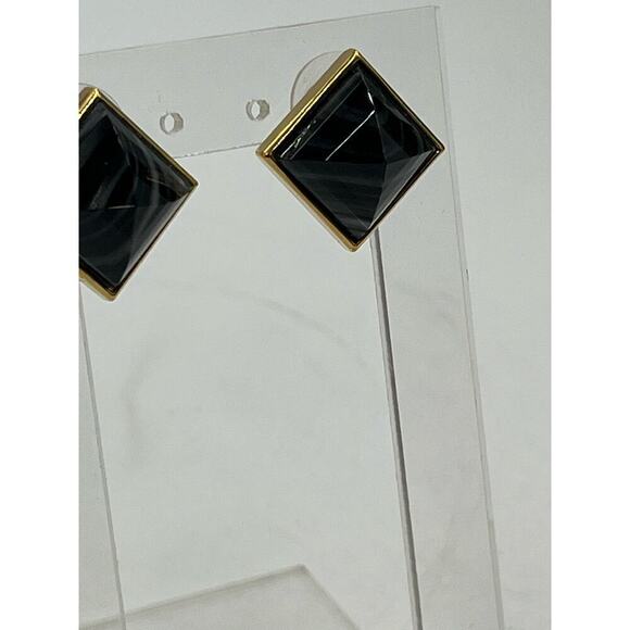 Henri Bendel Gold Plated Black Onyx Pyramid Studs Earrings - Picture 2 of 15